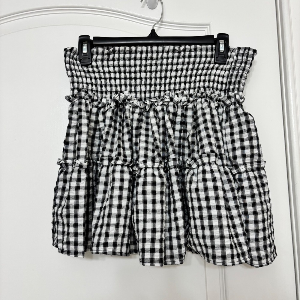 Sincerely Jules Gingham Smocked Mini Skirt Black White Tiered Ruffle